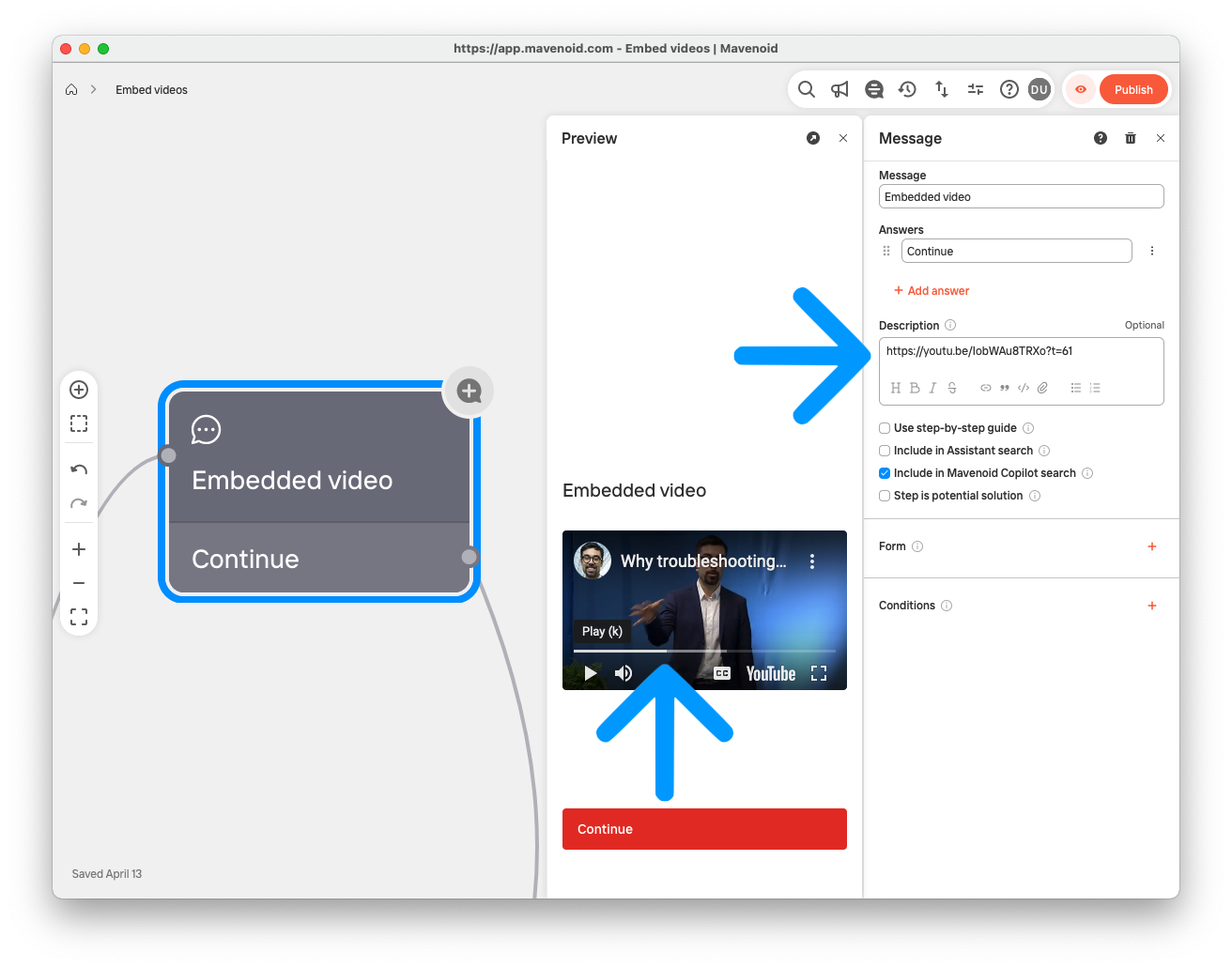 Embedded YouTube video starting at defined time
