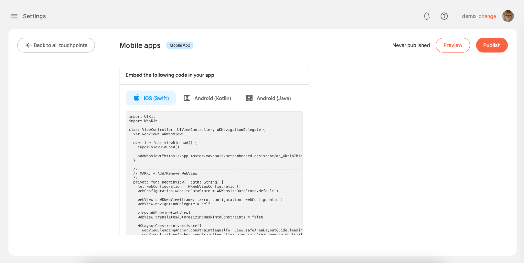 Mobile app touchpoint embed code