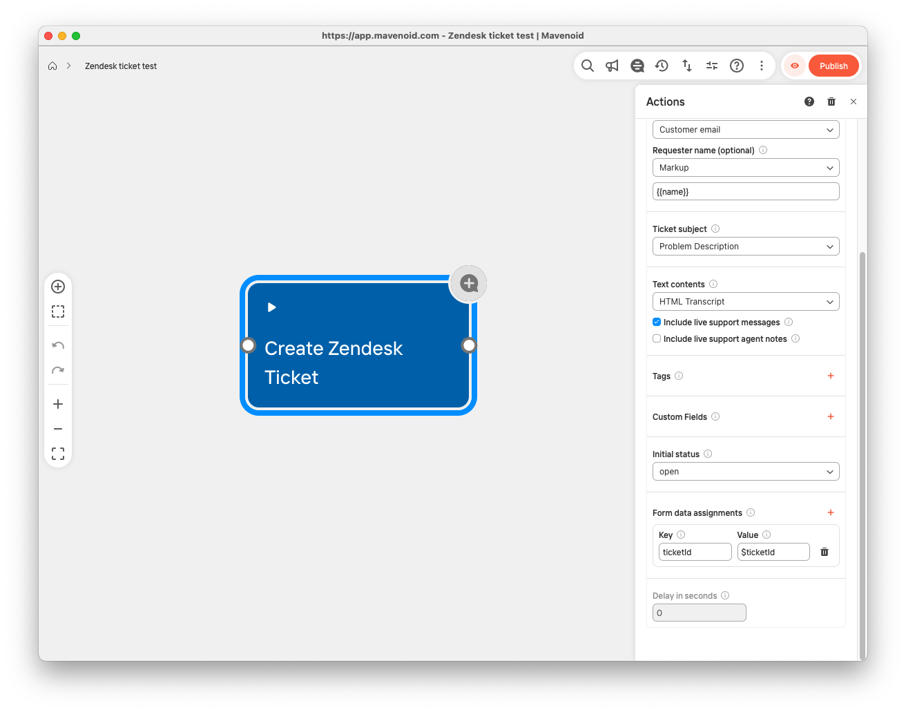 An actions node with an action to create a Zendesk ticket and store its ID in form data